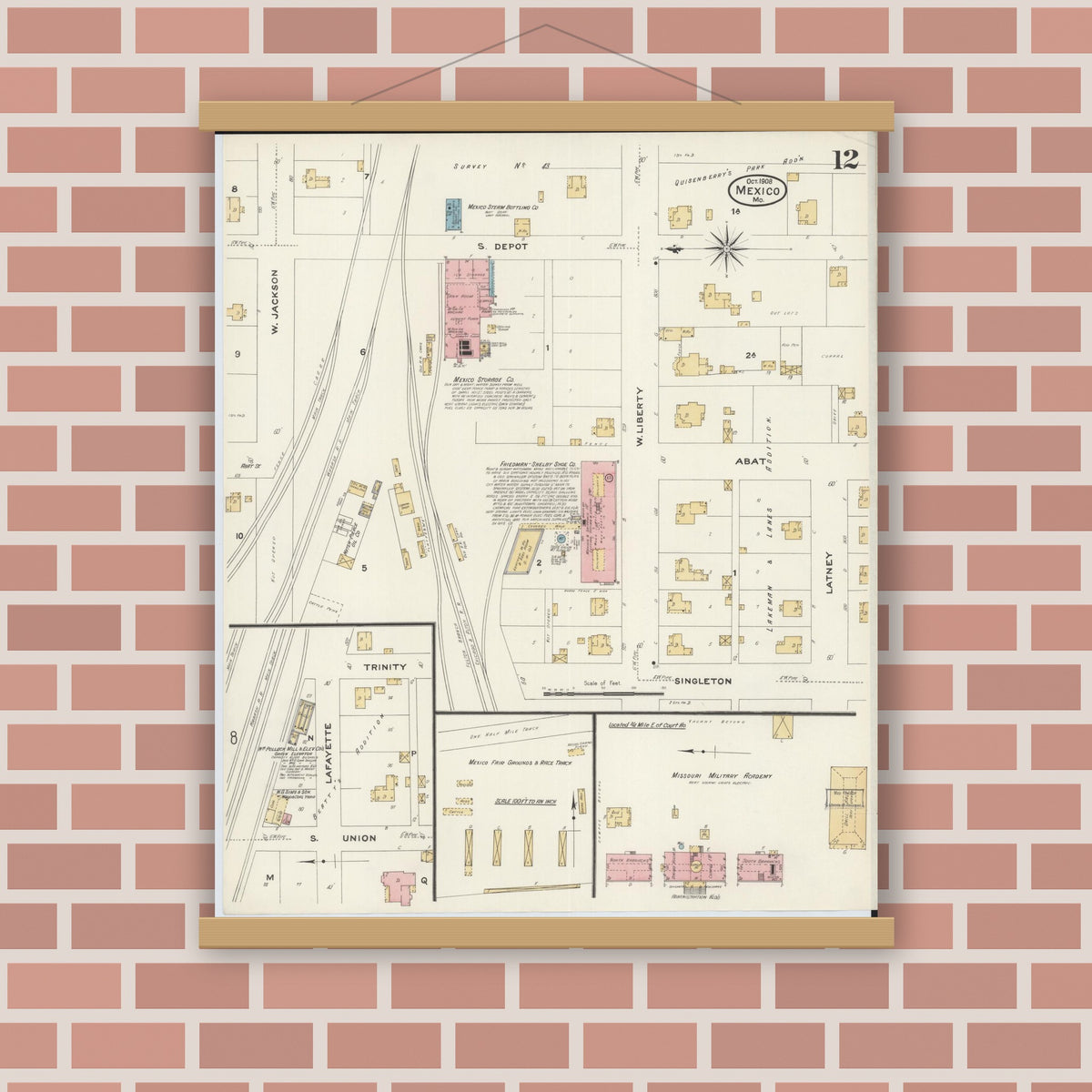 Old map wall art mockup — magnetic wood frame on brick wall — Sanborn Fire Insurance Map from Mexico, Audrain County, Missouri (1908), Sheet #0012