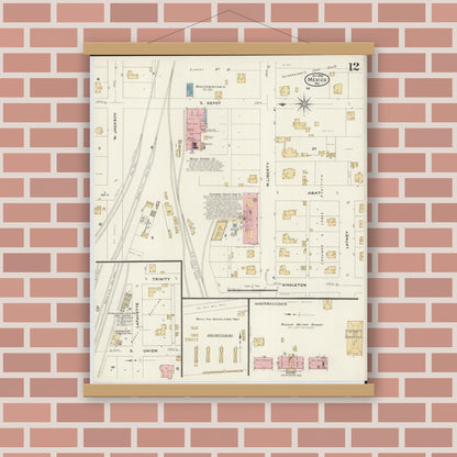 Old map wall art mockup — magnetic wood frame on brick wall — Sanborn Fire Insurance Map from Mexico, Audrain County, Missouri (1908), Sheet #0012