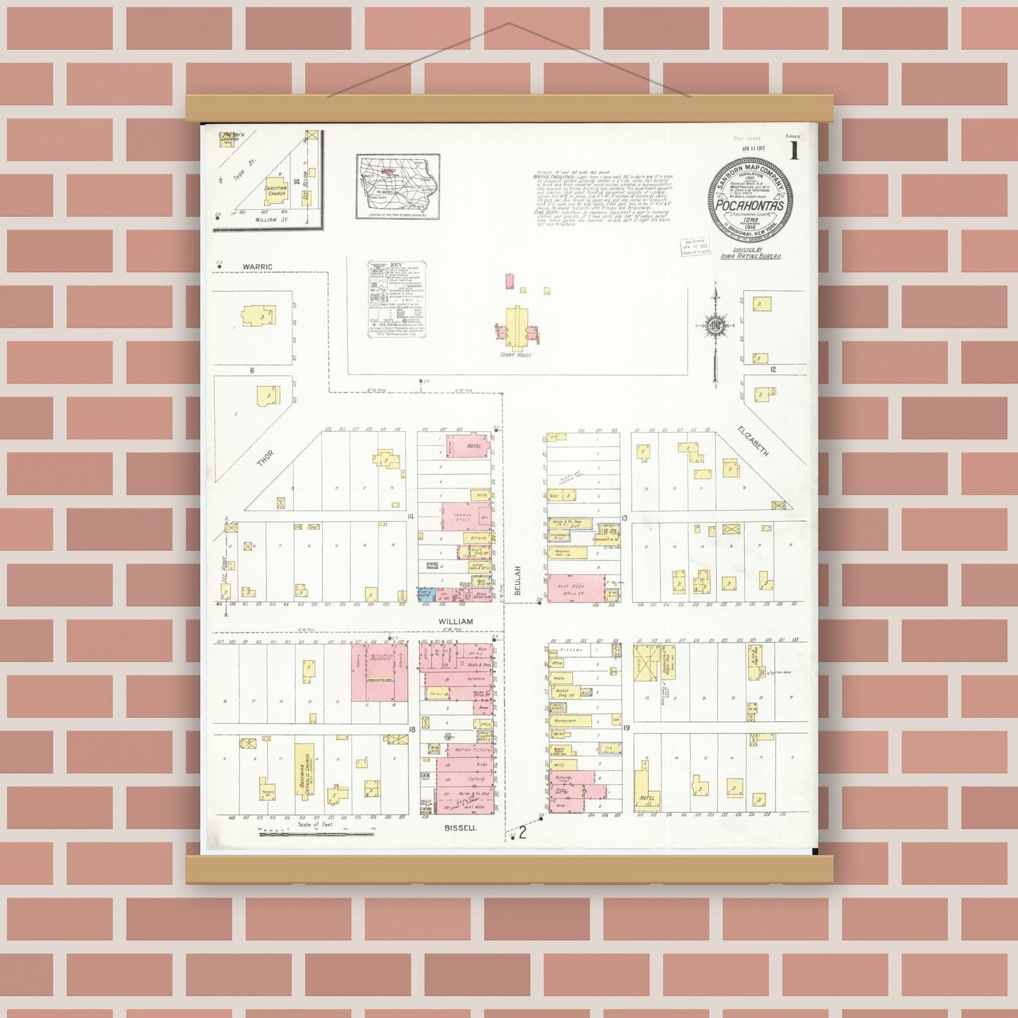 Old map wall art mockup — magnetic wood frame on brick wall — Sanborn Fire Insurance Map from Pocahontas, Pocahontas County, Iowa (1916), Sheet #0001