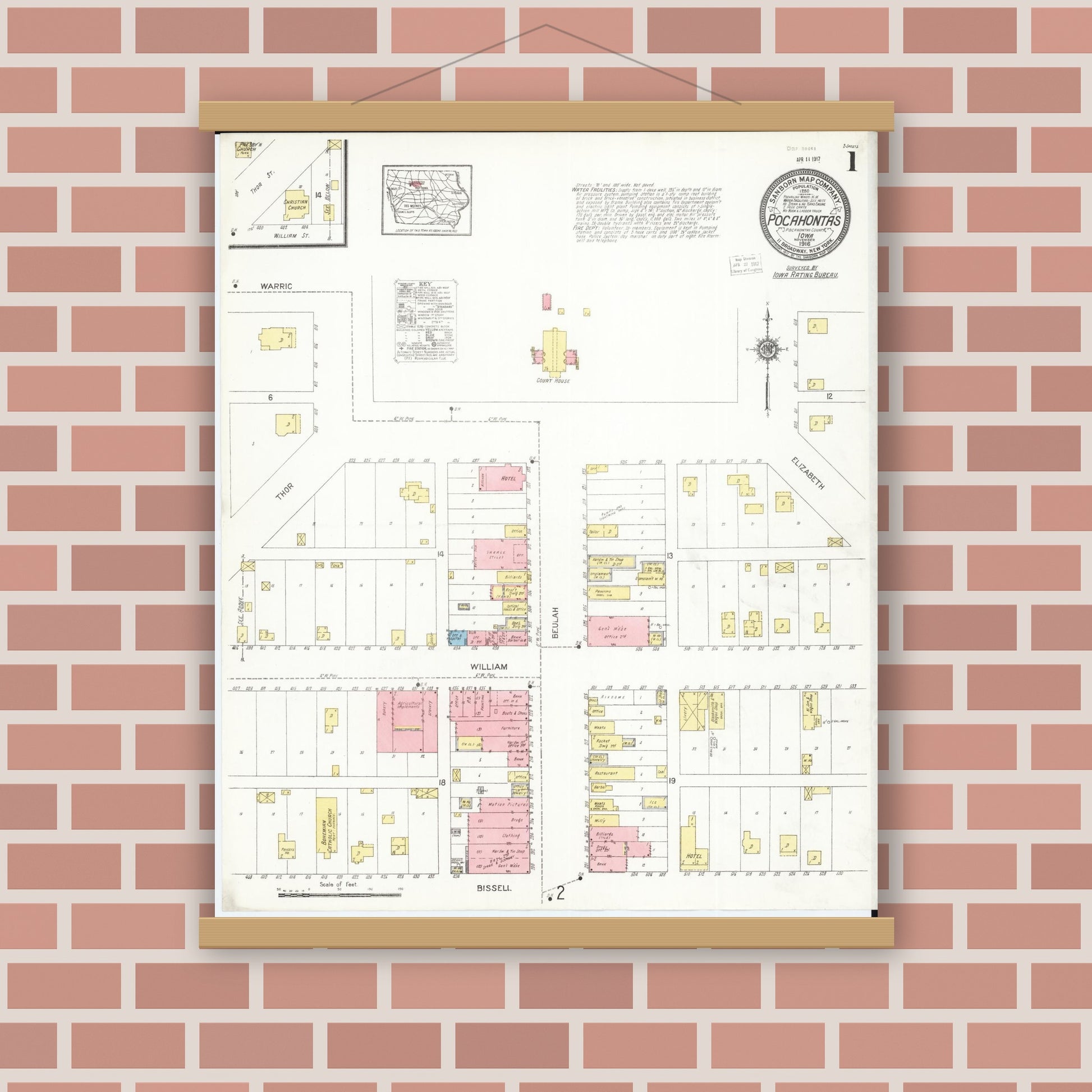 Old map wall art mockup — magnetic wood frame on brick wall — Sanborn Fire Insurance Map from Pocahontas, Pocahontas County, Iowa (1916), Sheet #0001
