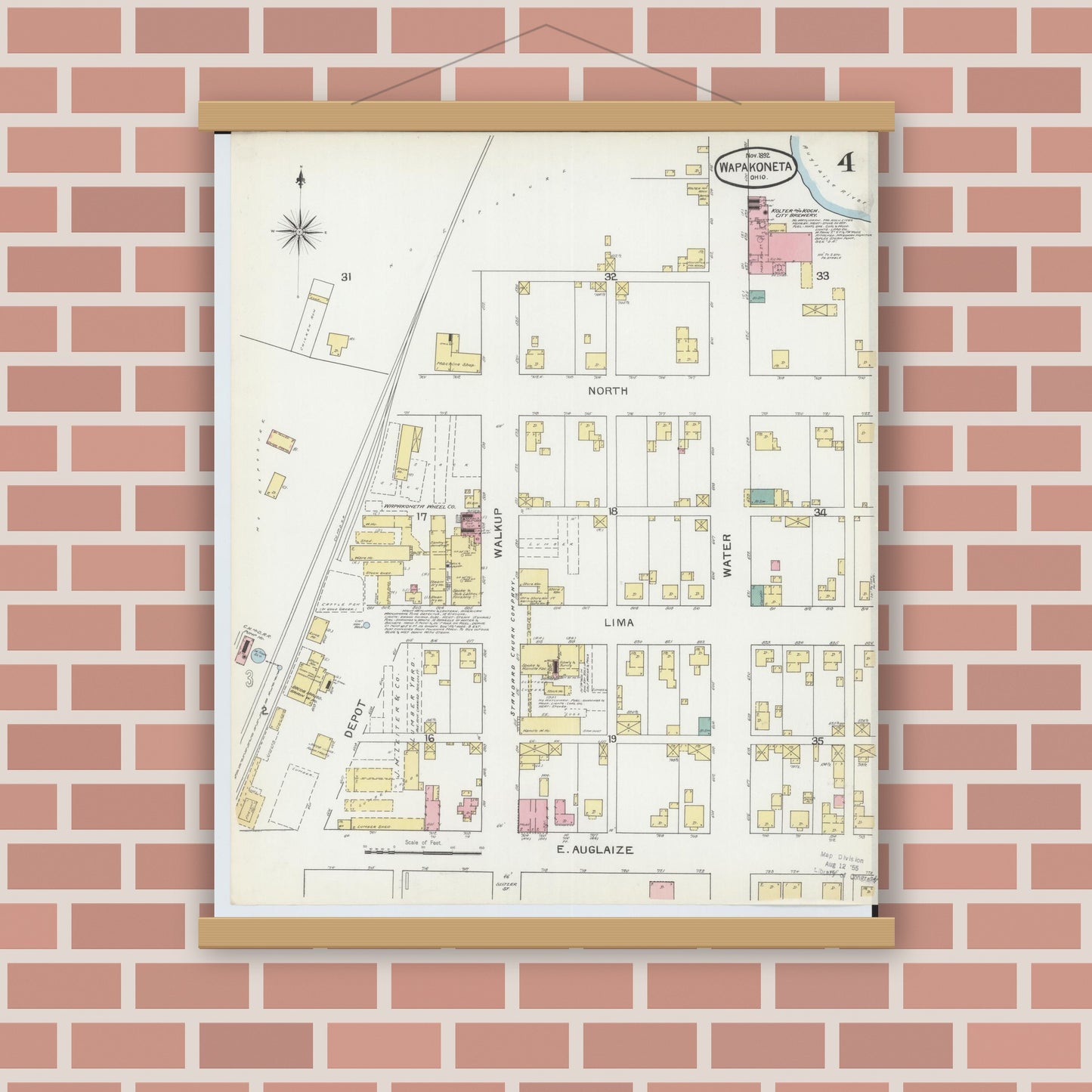 Old map wall art mockup — magnetic wood frame on brick wall — Sanborn Fire Insurance Map from Wapakoneta, Auglaize County, Ohio (1892), Sheet #0004