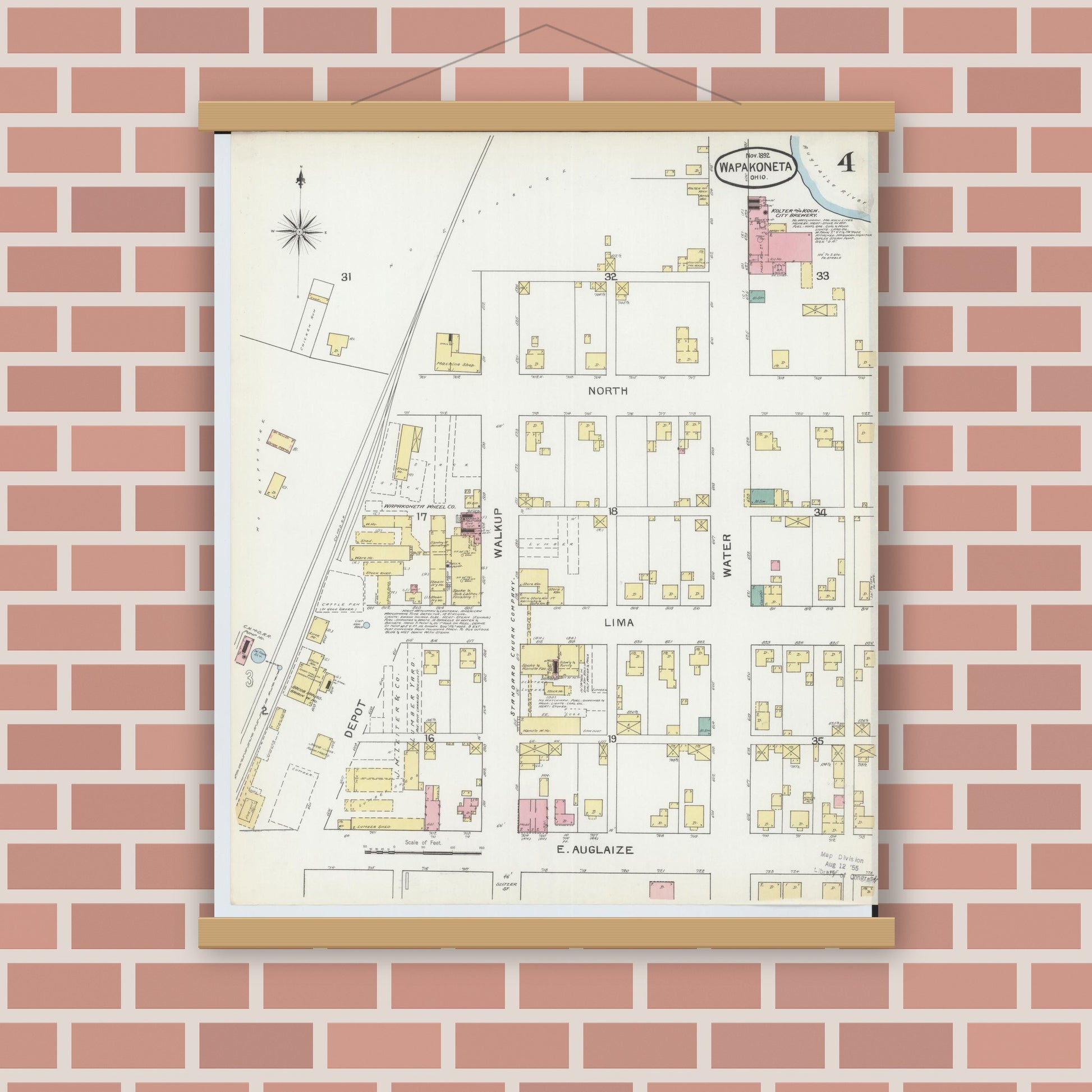 Old map wall art mockup — magnetic wood frame on brick wall — Sanborn Fire Insurance Map from Wapakoneta, Auglaize County, Ohio (1892), Sheet #0004