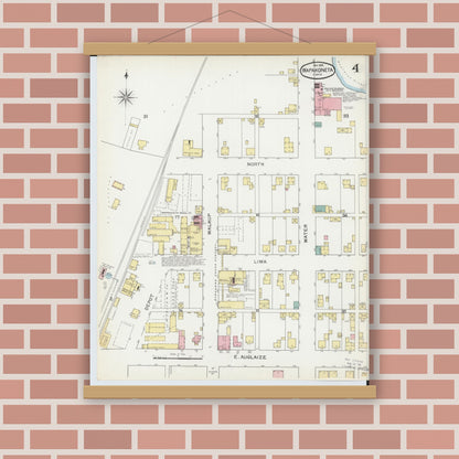 Old map wall art mockup — magnetic wood frame on brick wall — Sanborn Fire Insurance Map from Wapakoneta, Auglaize County, Ohio (1892), Sheet #0004