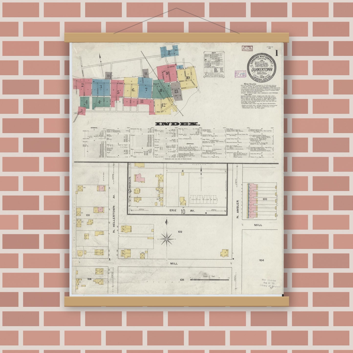 Old map wall art mockup — magnetic wood frame on brick wall — Sanborn Fire Insurance Map from Quakertown, Bucks County, Pennsylvania (1909), Sheet #0001