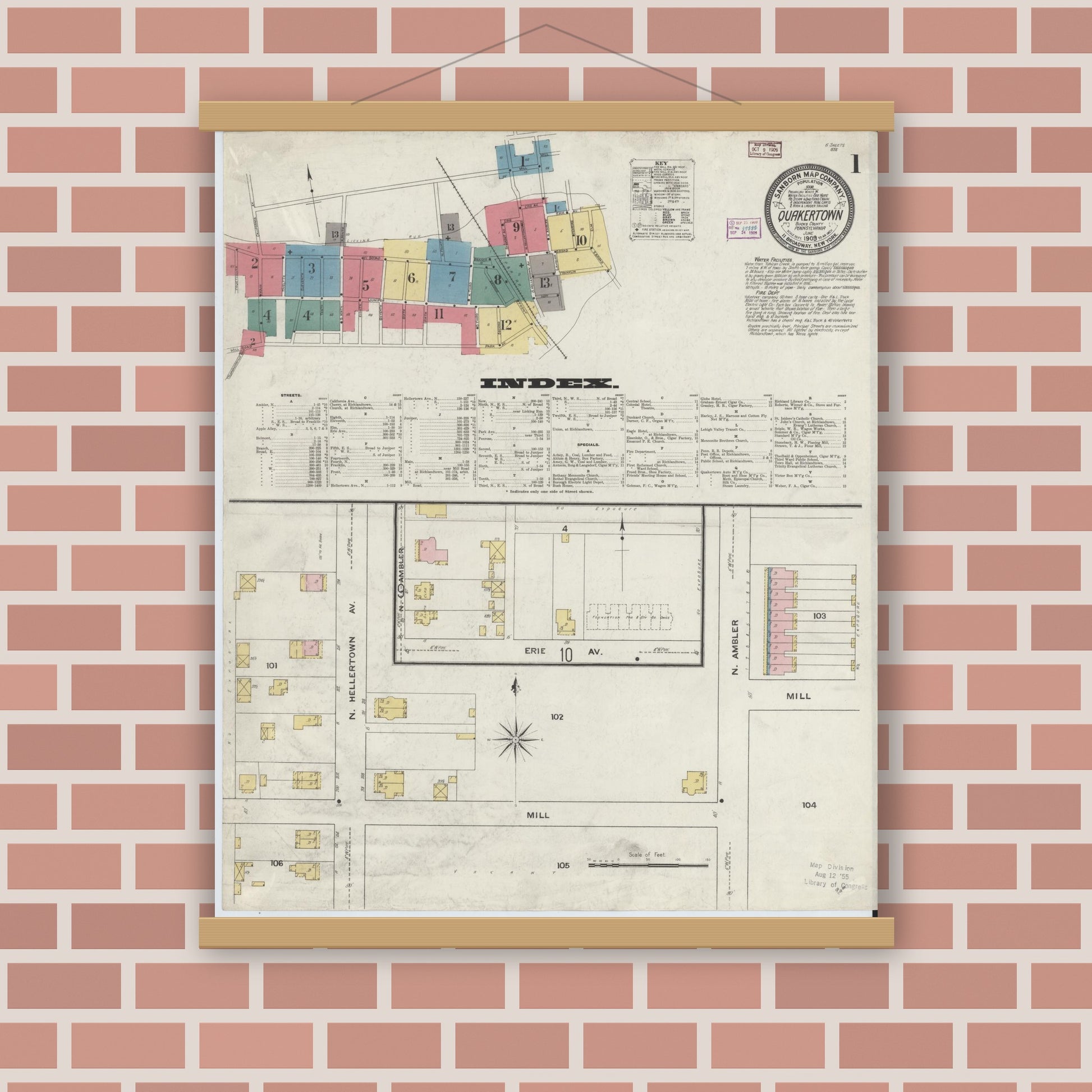 Old map wall art mockup — magnetic wood frame on brick wall — Sanborn Fire Insurance Map from Quakertown, Bucks County, Pennsylvania (1909), Sheet #0001