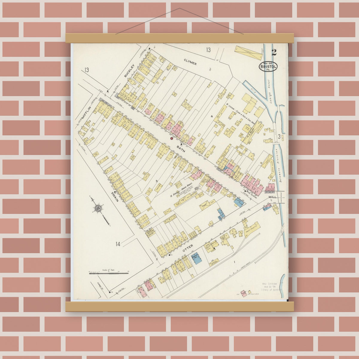 Old map wall art mockup — magnetic wood frame on brick wall — Sanborn Fire Insurance Map from Bristol, Bucks County, Pennsylvania (1915), Sheet #0002
