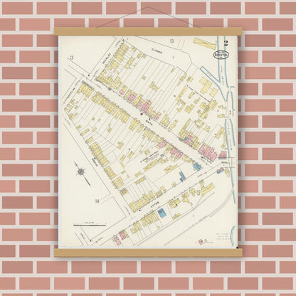 Old map wall art mockup — magnetic wood frame on brick wall — Sanborn Fire Insurance Map from Bristol, Bucks County, Pennsylvania (1915), Sheet #0002
