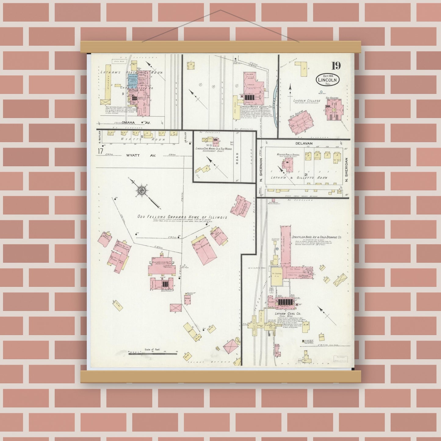 Old map wall art mockup — magnetic wood frame on brick wall — Sanborn Fire Insurance Map from Lincoln, Logan County, Illinois (1914), Sheet #0019