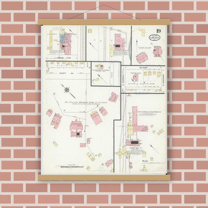 Old map wall art mockup — magnetic wood frame on brick wall — Sanborn Fire Insurance Map from Lincoln, Logan County, Illinois (1914), Sheet #0019
