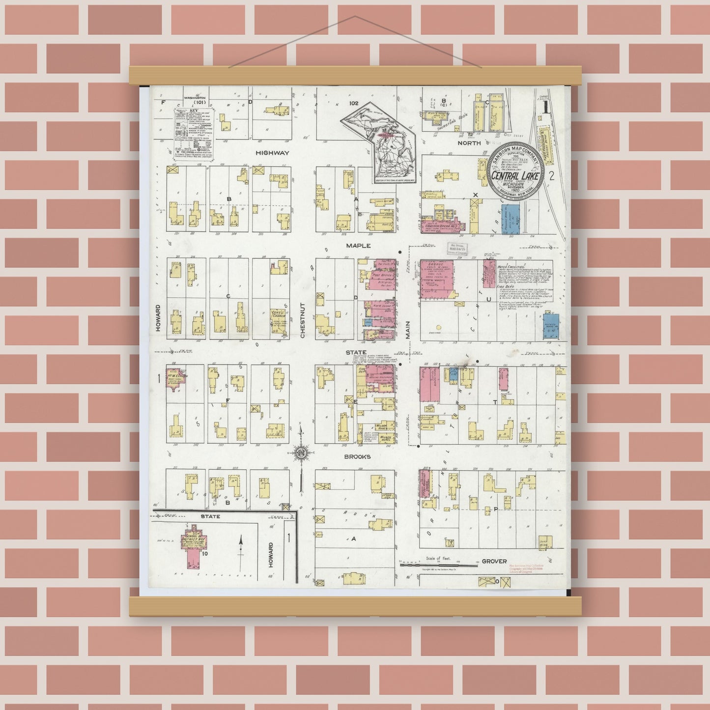 Old map wall art mockup — magnetic wood frame on brick wall — Sanborn Fire Insurance Map from Central Lake, Antrim County, Michigan (1920), Sheet #0001