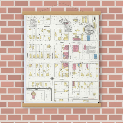 Old map wall art mockup — magnetic wood frame on brick wall — Sanborn Fire Insurance Map from Central Lake, Antrim County, Michigan (1920), Sheet #0001