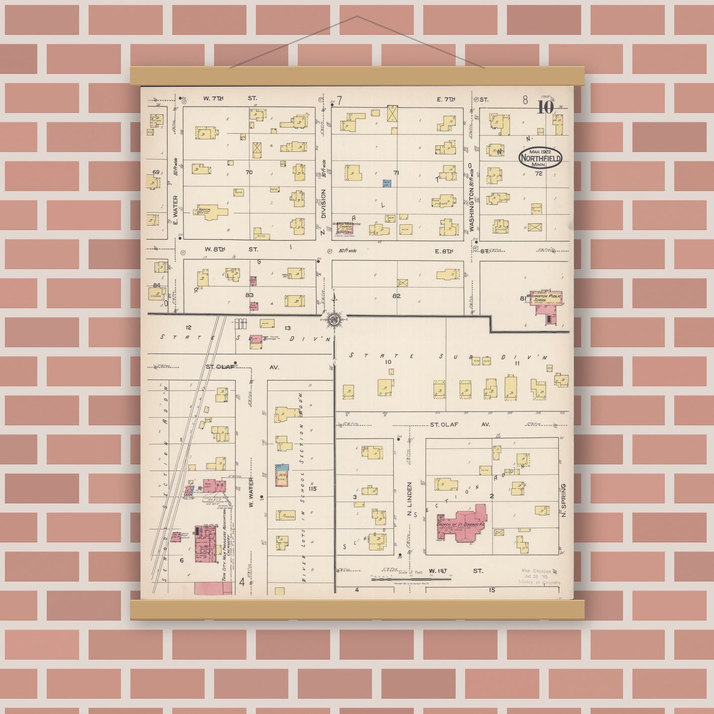 Old map wall art mockup — magnetic wood frame on brick wall — Sanborn Fire Insurance Map from Northfield, Rice County, Minnesota (1922), Sheet #0010