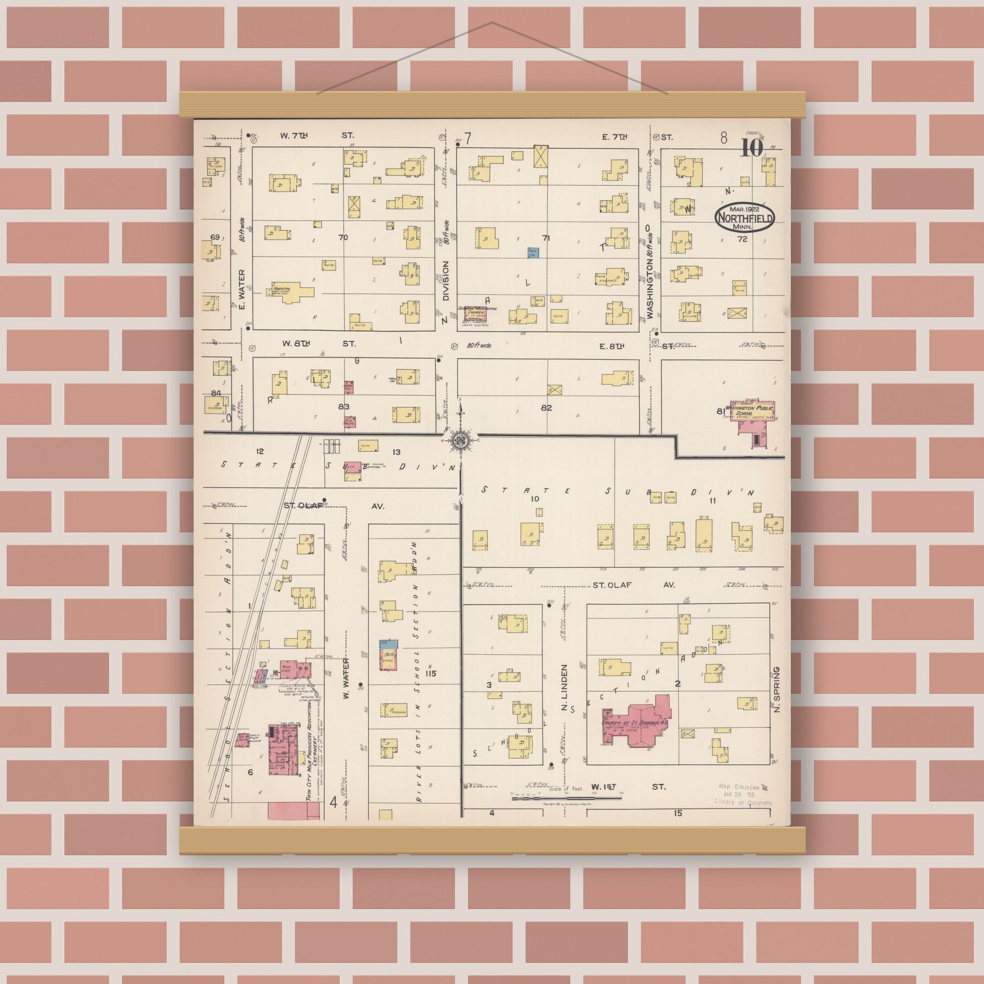 Old map wall art mockup — magnetic wood frame on brick wall — Sanborn Fire Insurance Map from Northfield, Rice County, Minnesota (1922), Sheet #0010