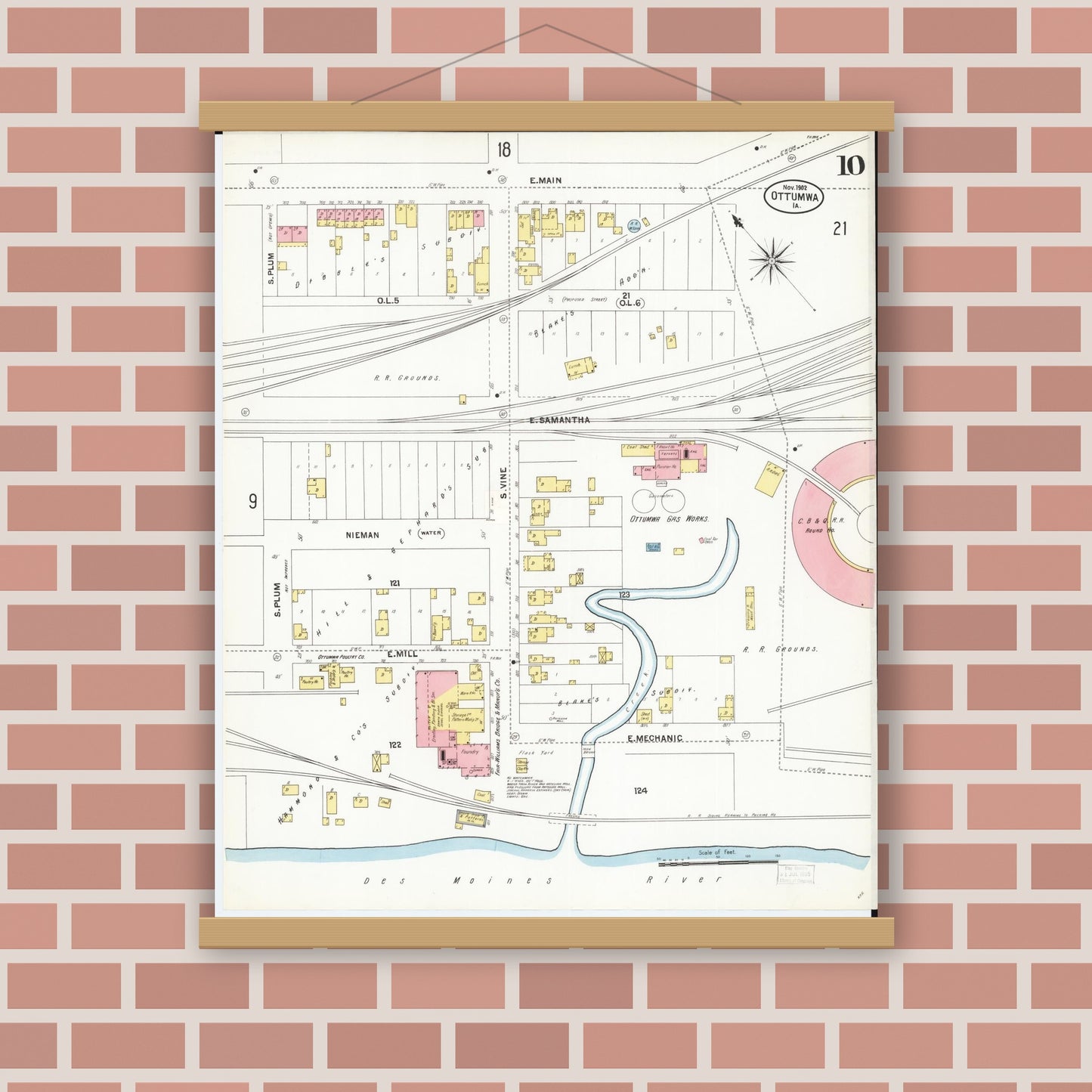 Old map wall art mockup — magnetic wood frame on brick wall — Sanborn Fire Insurance Map from Ottumwa, Wapello County, Iowa (1902), Sheet #0010
