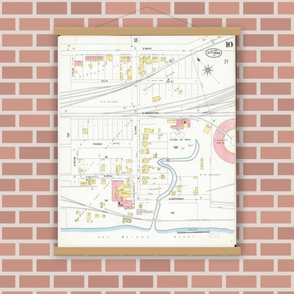 Old map wall art mockup — magnetic wood frame on brick wall — Sanborn Fire Insurance Map from Ottumwa, Wapello County, Iowa (1902), Sheet #0010