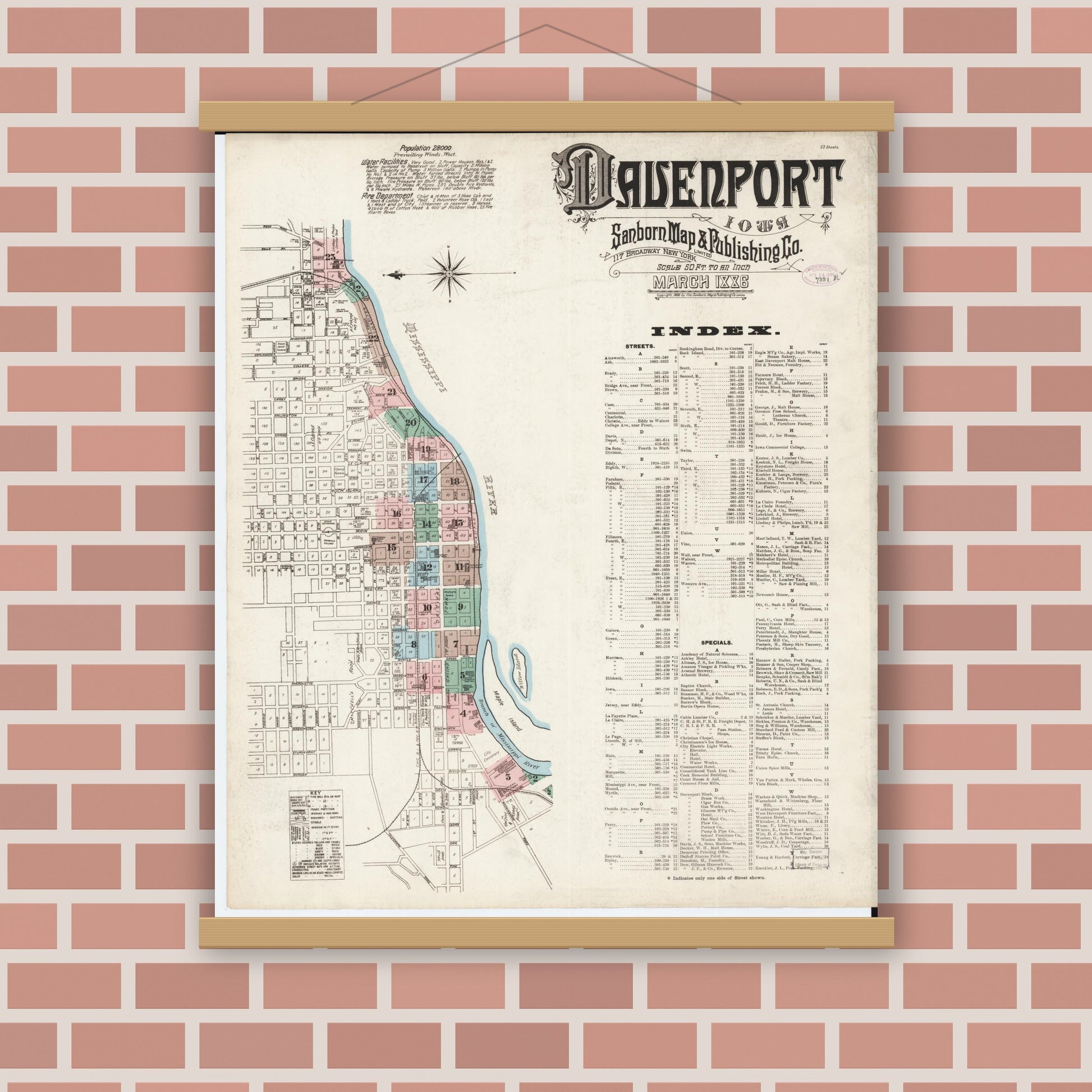 Old map wall art mockup — magnetic wood frame on brick wall — Sanborn Fire Insurance Map from Davenport, Scott County, Iowa (1886), Sheet #0001