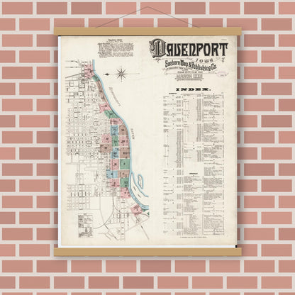 Old map wall art mockup — magnetic wood frame on brick wall — Sanborn Fire Insurance Map from Davenport, Scott County, Iowa (1886), Sheet #0001