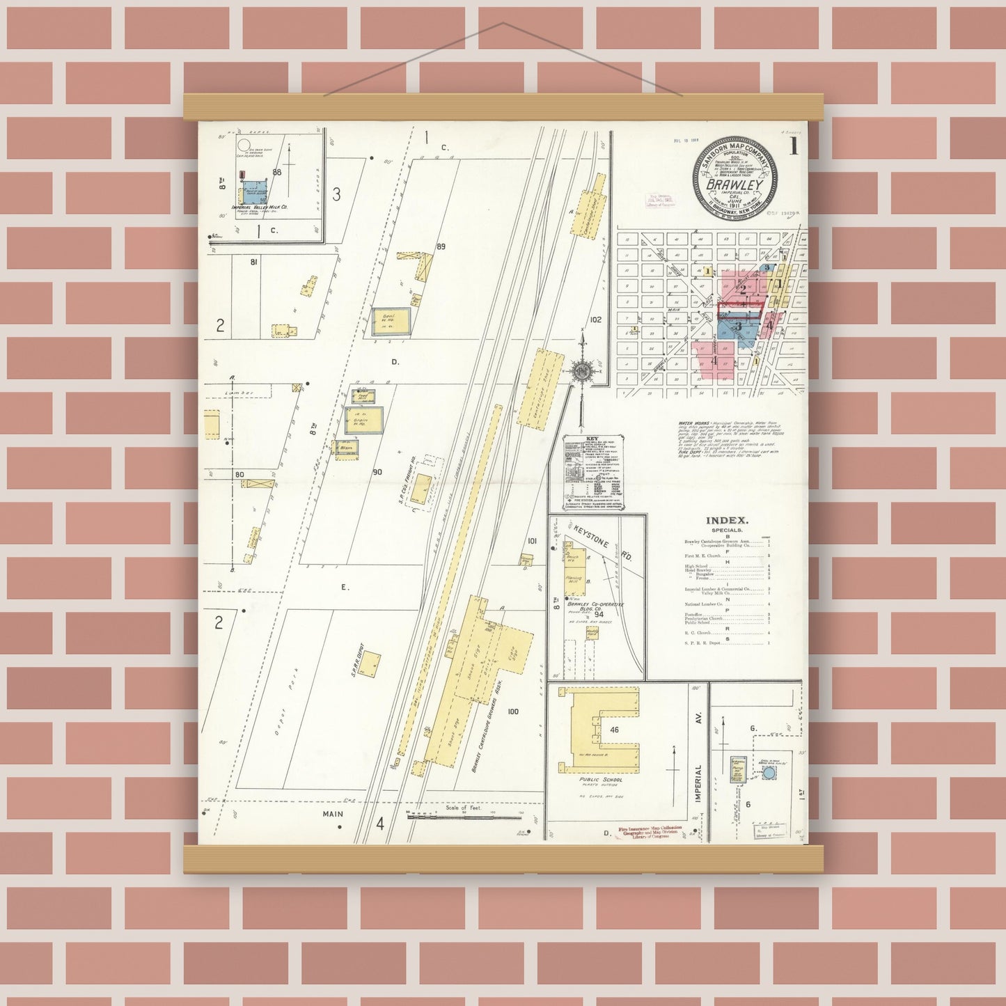 Old map wall art mockup — magnetic wood frame on brick wall — Sanborn Fire Insurance Map from Brawley, Imperial County, California (1911), Sheet #0001