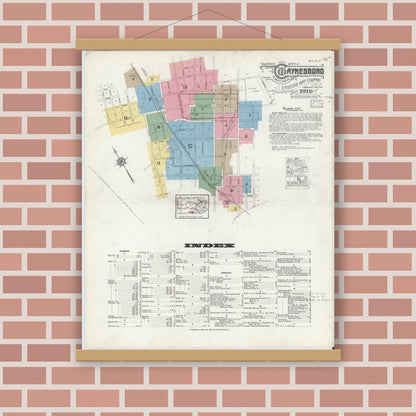 Old map wall art mockup — magnetic wood frame on brick wall — Sanborn Fire Insurance Map from Waynesboro, Franklin County, Pennsylvania (1916), Sheet #0001