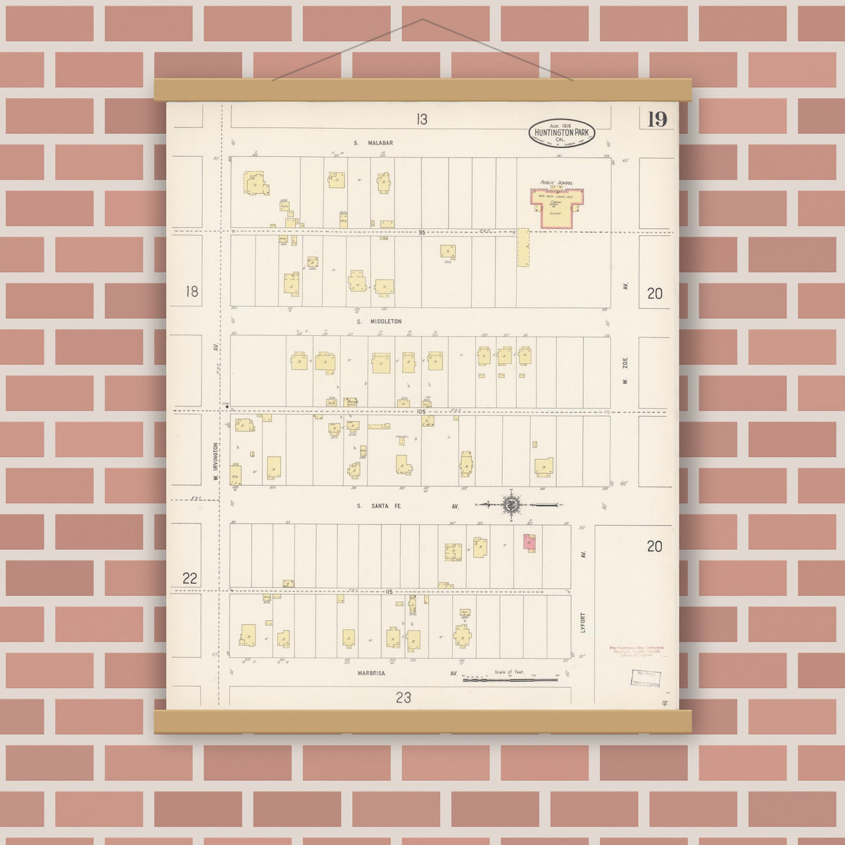Old map wall art mockup — magnetic wood frame on brick wall — Sanborn Fire Insurance Map from Huntington Park, Los Angeles County, California (1916), Sheet #0019