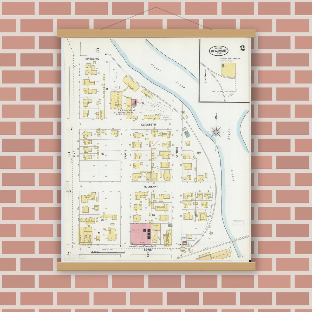 Old map wall art mockup — magnetic wood frame on brick wall — Sanborn Fire Insurance Map from Beaumont, Jefferson County, Texas (1902), Sheet #0002