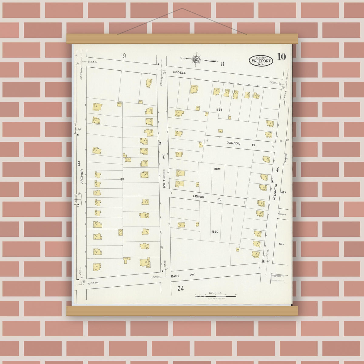 Old map wall art mockup — magnetic wood frame on brick wall — Sanborn Fire Insurance Map from Freeport, Nassau County, New York (1917), Sheet #0010