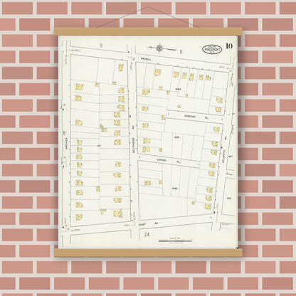 Old map wall art mockup — magnetic wood frame on brick wall — Sanborn Fire Insurance Map from Freeport, Nassau County, New York (1917), Sheet #0010