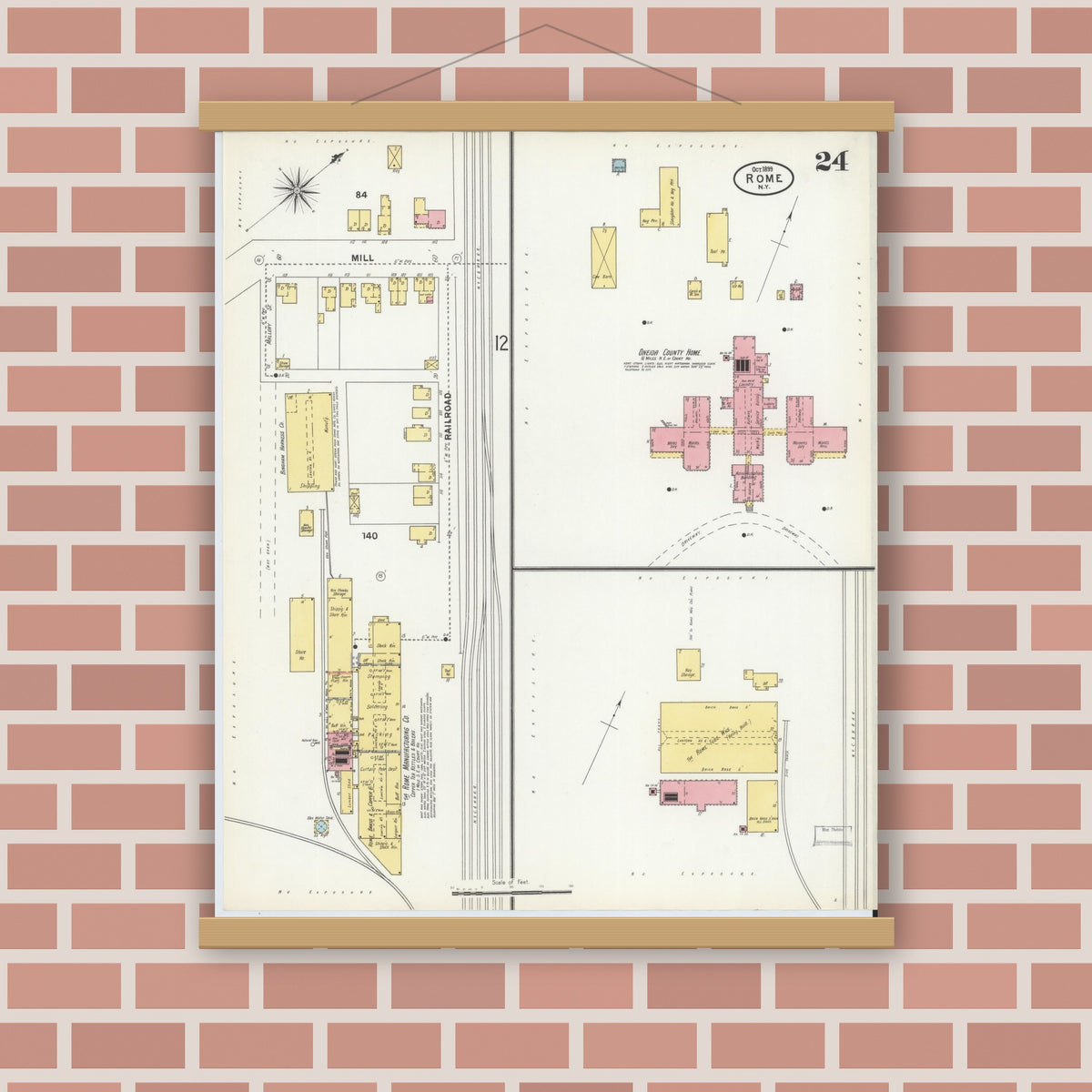 Old map wall art mockup — magnetic wood frame on brick wall — Sanborn Fire Insurance Map from Rome, Oneida County, New York (1899), Sheet #0024