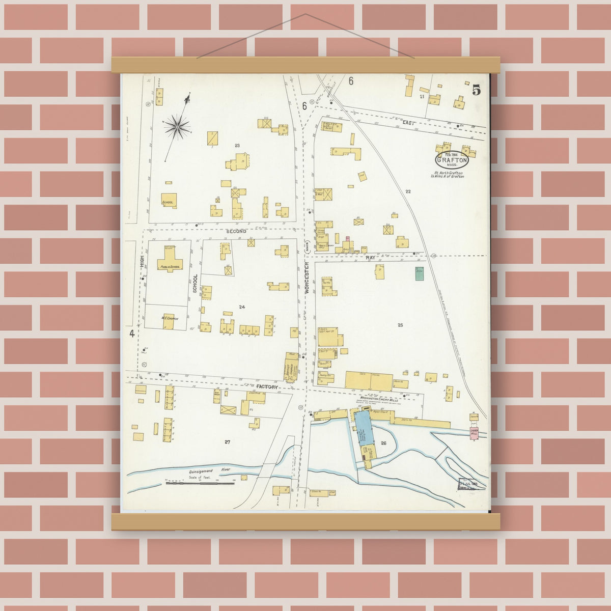 Old map wall art mockup — magnetic wood frame on brick wall — Sanborn Fire Insurance Map from Grafton, Worcester County, Massachusetts (1904), Sheet #0005