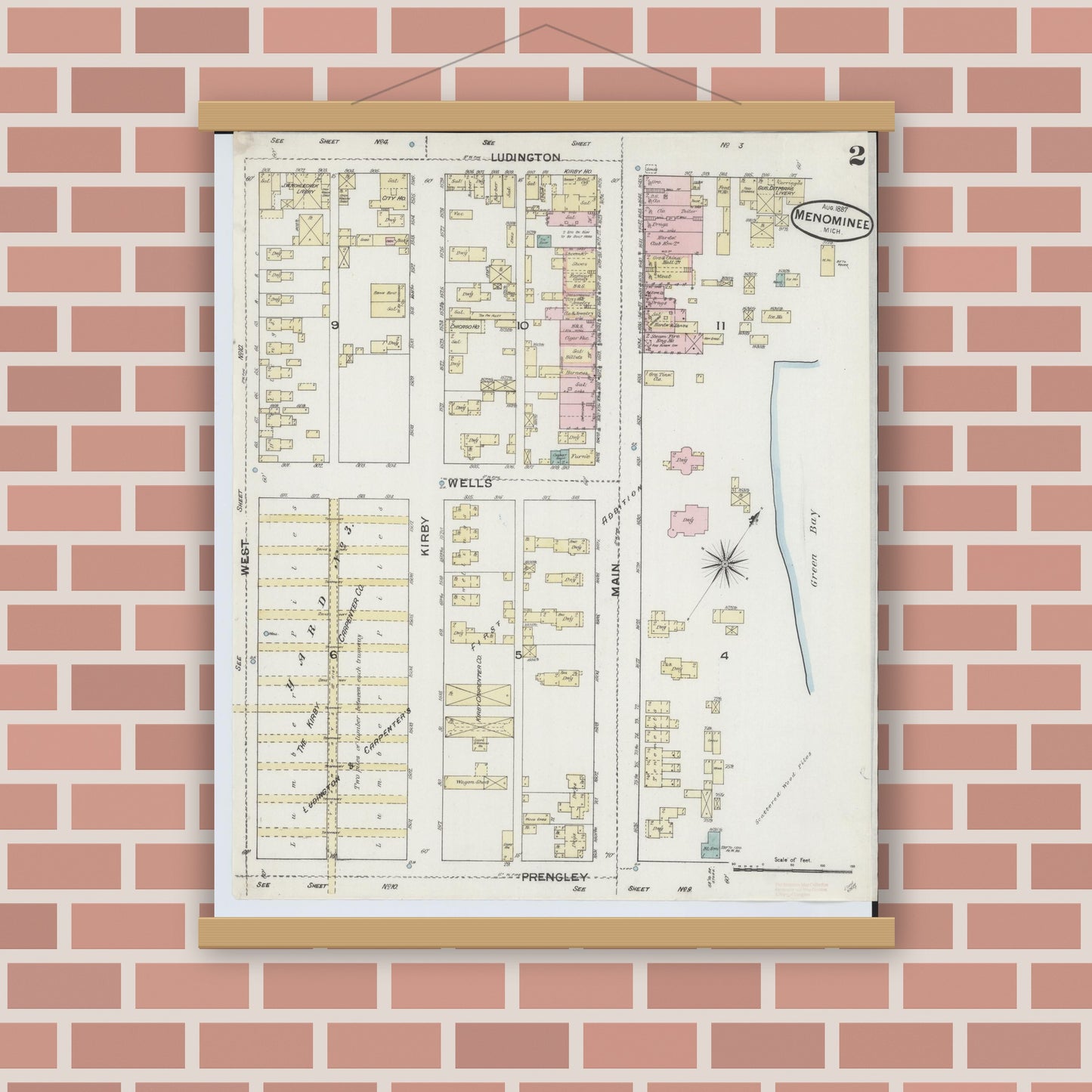 Old map wall art mockup — magnetic wood frame on brick wall — Sanborn Fire Insurance Map from Menominee, Menominee County, Michigan (1887), Sheet #0002