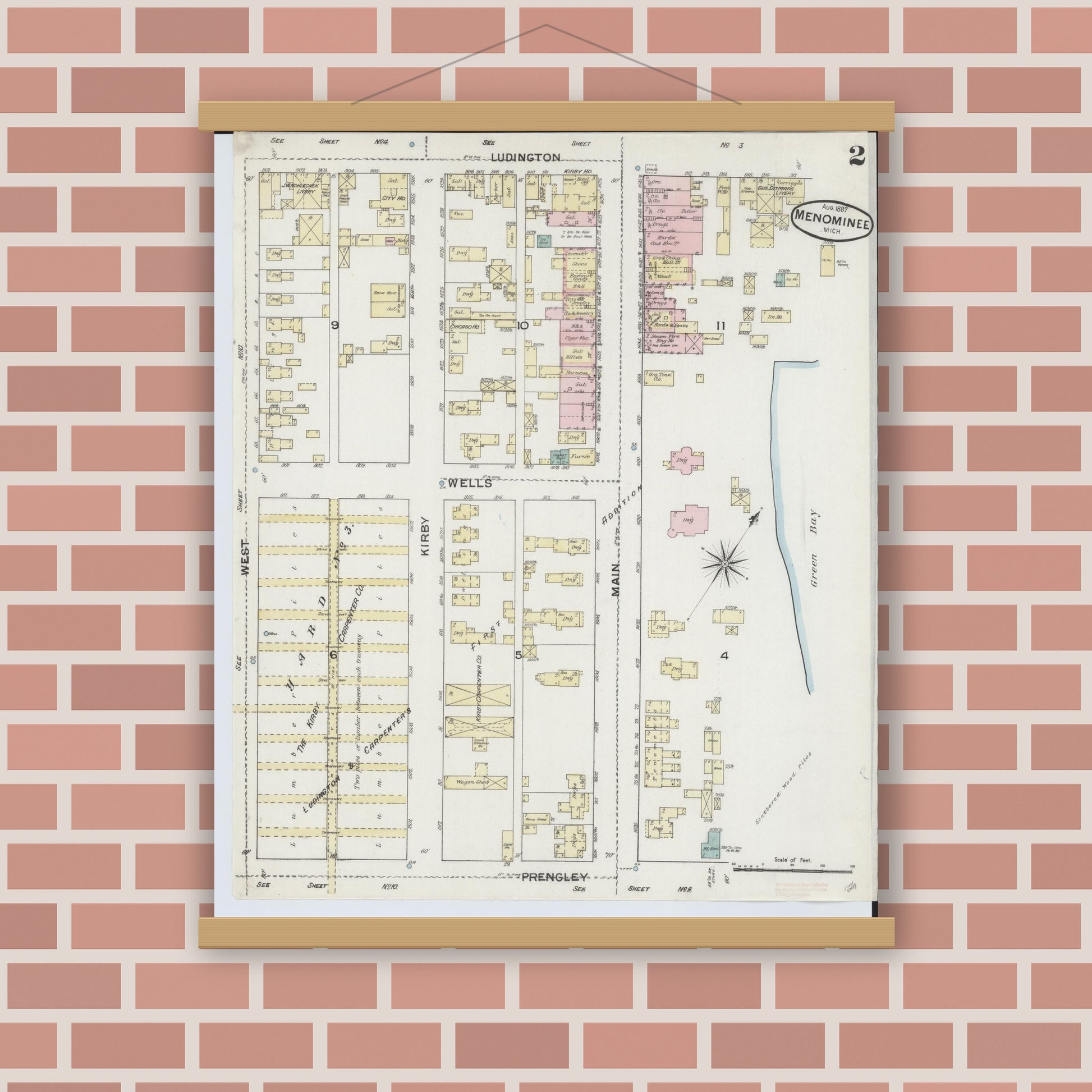 Old map wall art mockup — magnetic wood frame on brick wall — Sanborn Fire Insurance Map from Menominee, Menominee County, Michigan (1887), Sheet #0002
