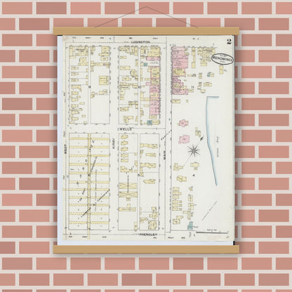 Old map wall art mockup — magnetic wood frame on brick wall — Sanborn Fire Insurance Map from Menominee, Menominee County, Michigan (1887), Sheet #0002