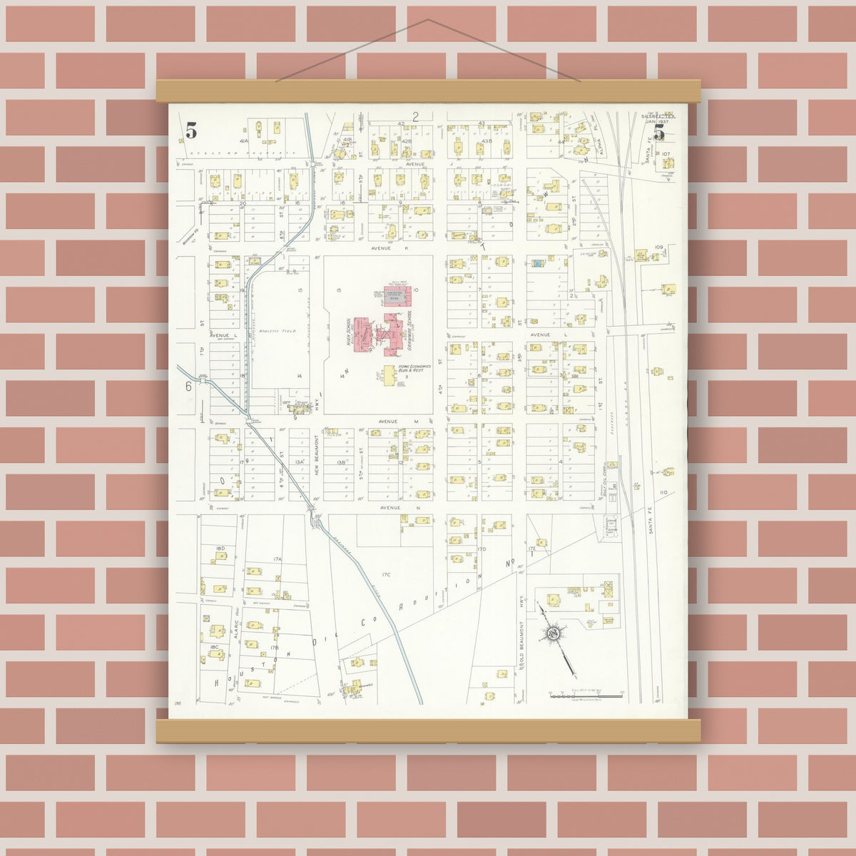Old map wall art mockup — magnetic wood frame on brick wall — Sanborn Fire Insurance Map from Silsbee, Hardin County, Texas (1937), Sheet #0005