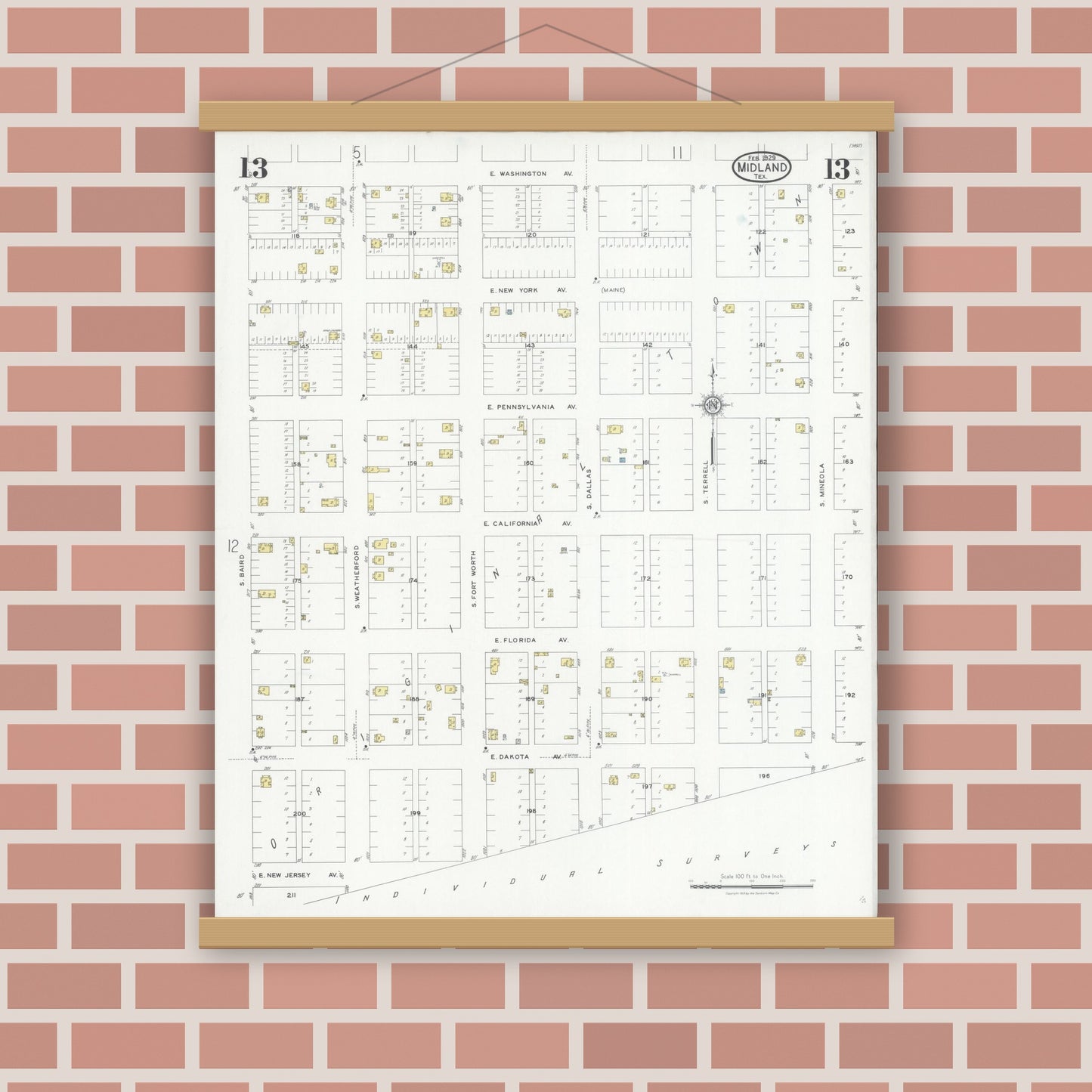 Old map wall art mockup — magnetic wood frame on brick wall — Sanborn Fire Insurance Map from Midland, Midland County, Texas (1929), Sheet #0013