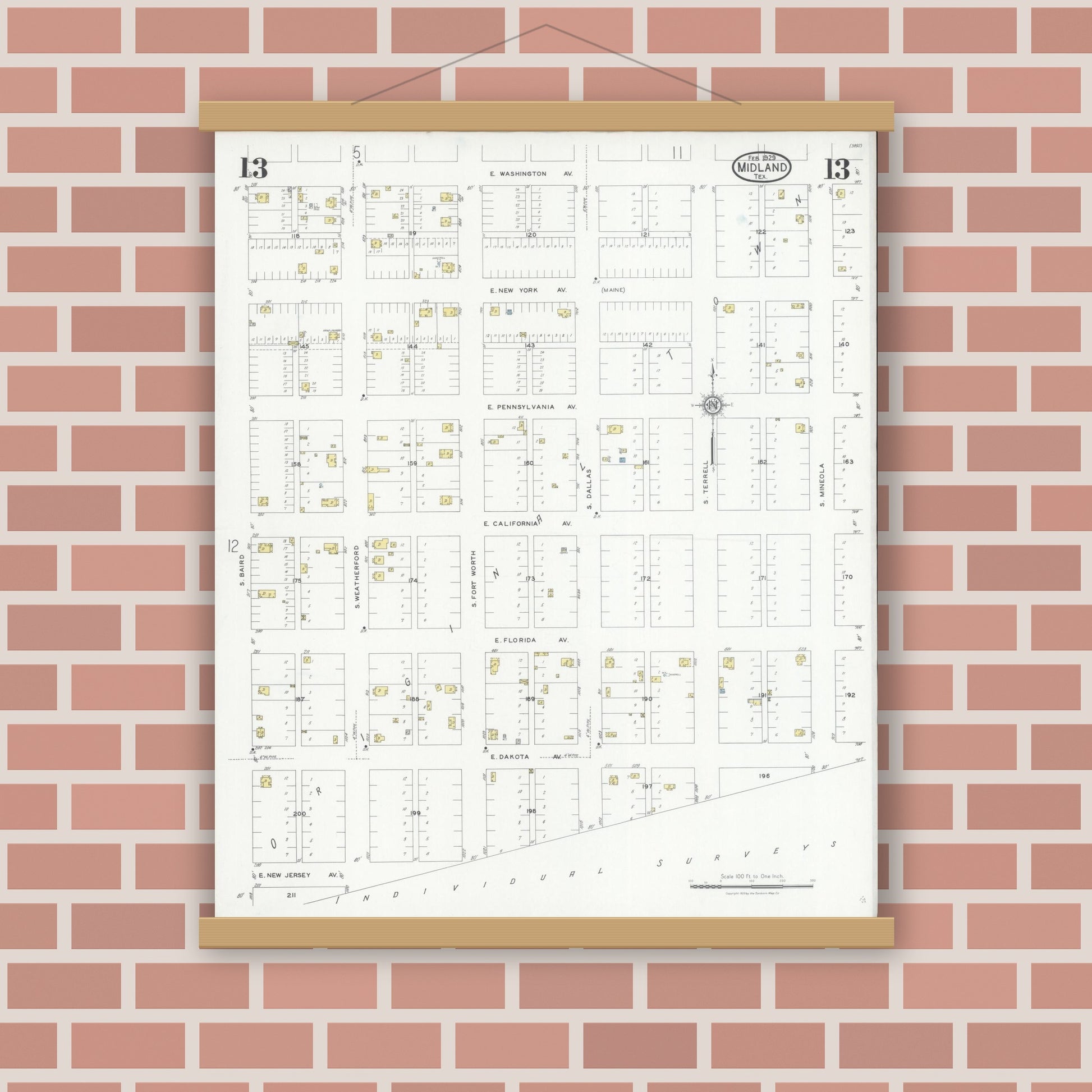 Old map wall art mockup — magnetic wood frame on brick wall — Sanborn Fire Insurance Map from Midland, Midland County, Texas (1929), Sheet #0013