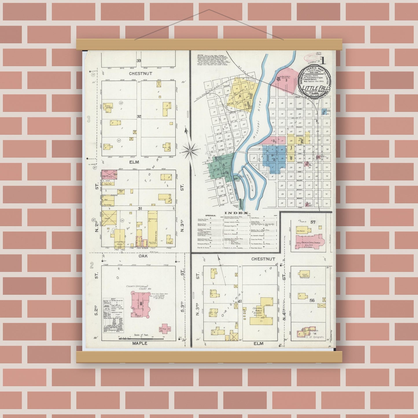 Old map wall art mockup — magnetic wood frame on brick wall — Sanborn Fire Insurance Map from Little Falls, Morrison County, Minnesota (1892) - Complete Map Set