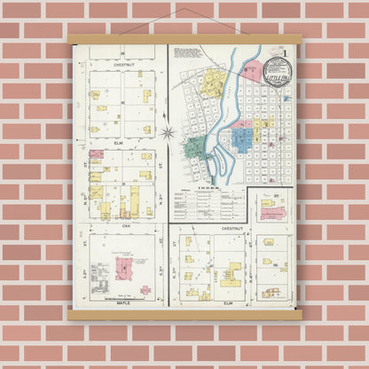 Old map wall art mockup — magnetic wood frame on brick wall — Sanborn Fire Insurance Map from Little Falls, Morrison County, Minnesota (1892) - Complete Map Set