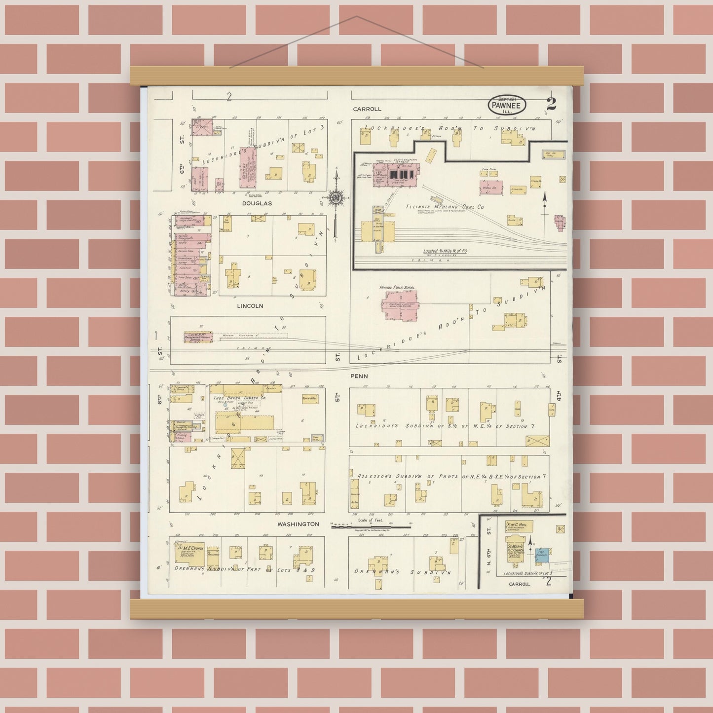 Old map wall art mockup — magnetic wood frame on brick wall — Sanborn Fire Insurance Map from Pawnee, Sangamon County, Illinois (1917), Sheet #0002