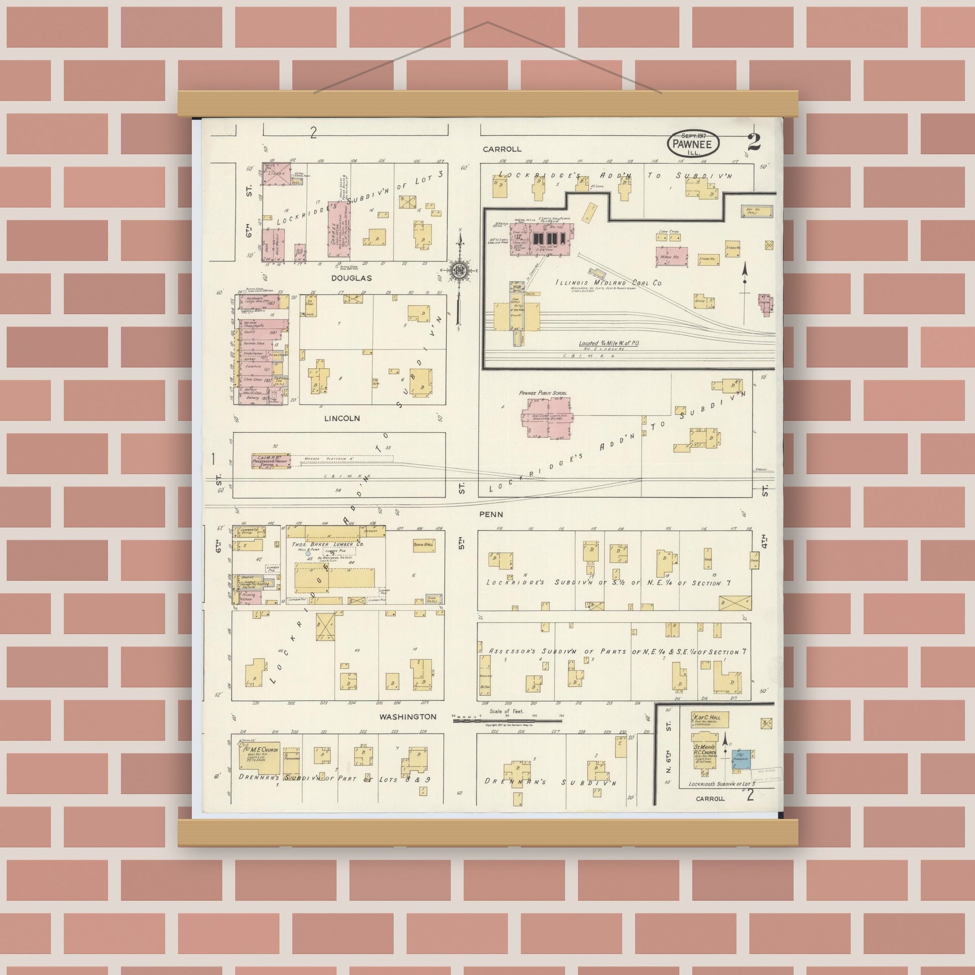 Old map wall art mockup — magnetic wood frame on brick wall — Sanborn Fire Insurance Map from Pawnee, Sangamon County, Illinois (1917), Sheet #0002