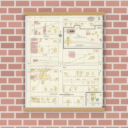 Old map wall art mockup — magnetic wood frame on brick wall — Sanborn Fire Insurance Map from Pawnee, Sangamon County, Illinois (1917), Sheet #0002
