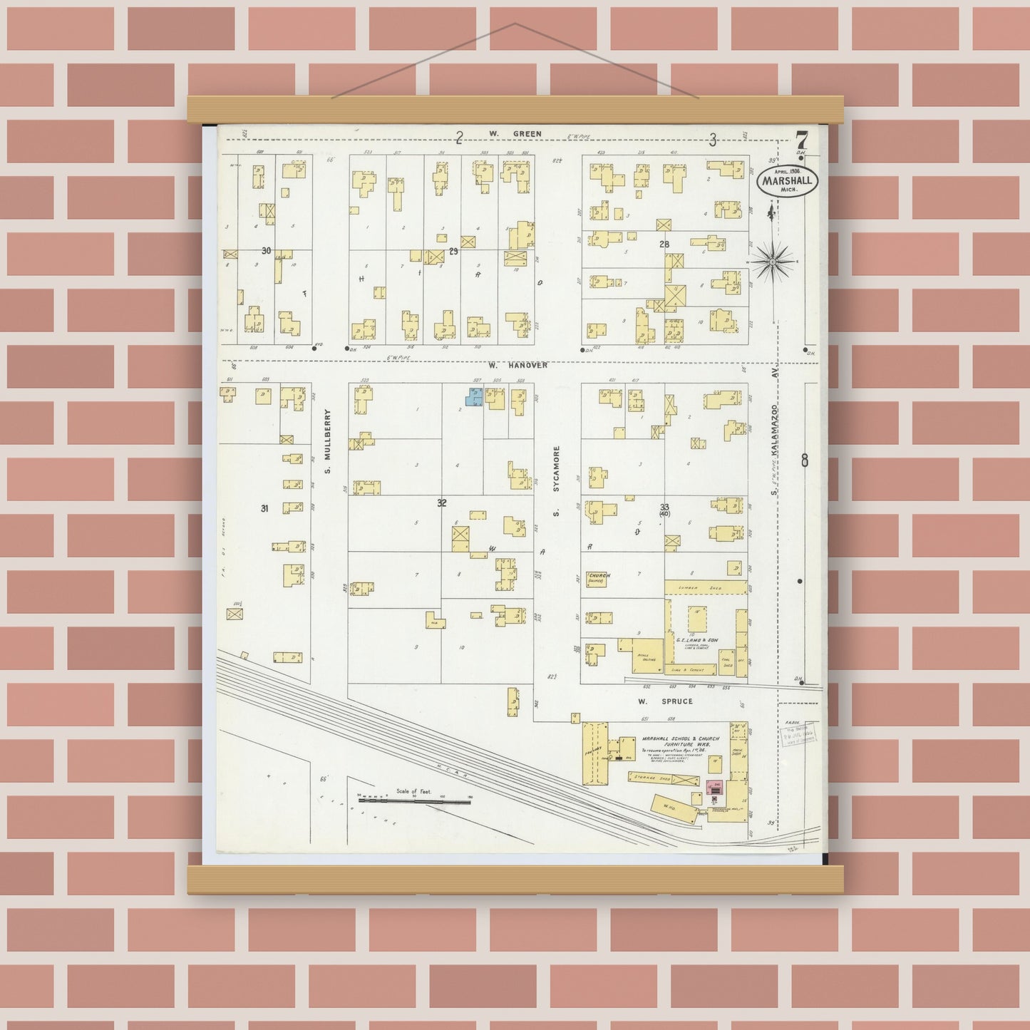 Old map wall art mockup — magnetic wood frame on brick wall — Sanborn Fire Insurance Map from Marshall, Calhoun County, Michigan (1906), Sheet #0007