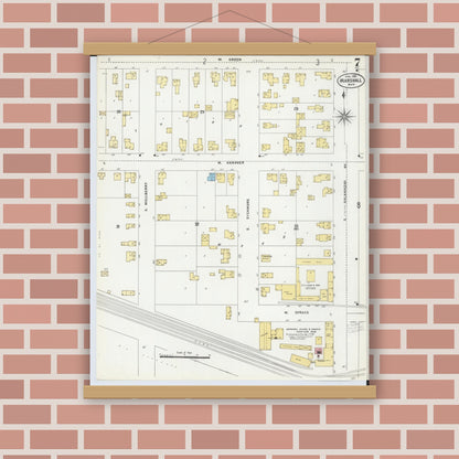 Old map wall art mockup — magnetic wood frame on brick wall — Sanborn Fire Insurance Map from Marshall, Calhoun County, Michigan (1906), Sheet #0007