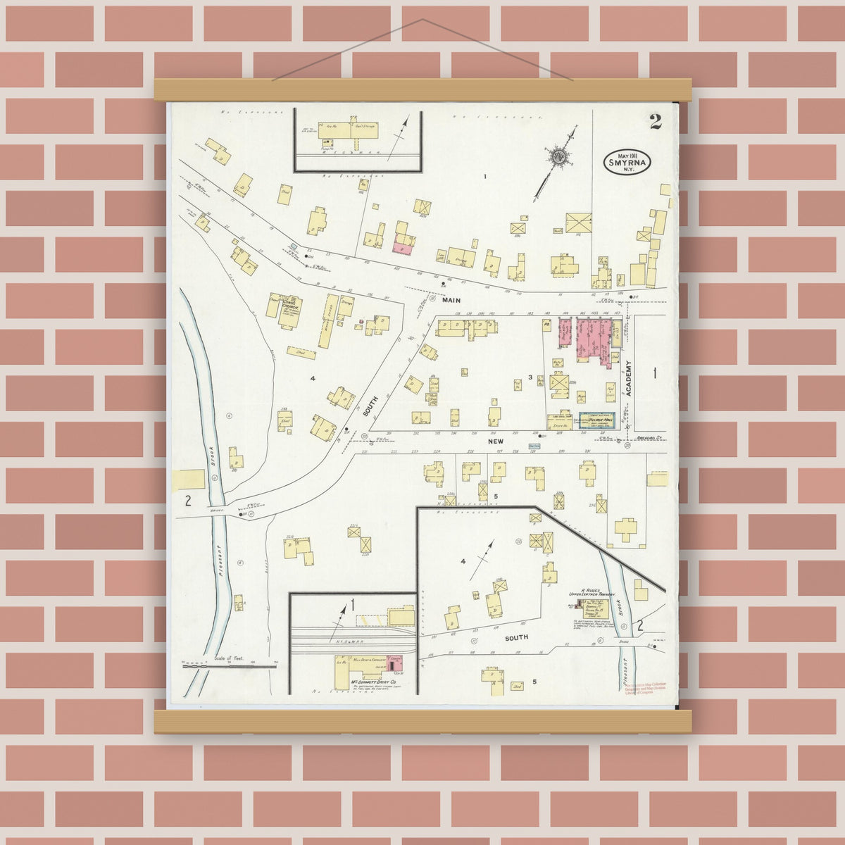 Old map wall art mockup — magnetic wood frame on brick wall — Sanborn Fire Insurance Map from Smyrna, Chenango County, New York (1911), Sheet #0002