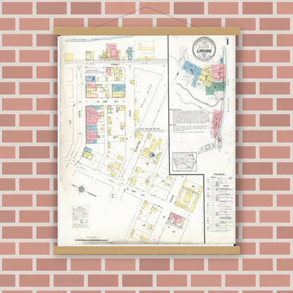Old map wall art mockup — magnetic wood frame on brick wall — Sanborn Fire Insurance Map from Lansing, Allamakee County, Iowa (1912), Sheet #0001