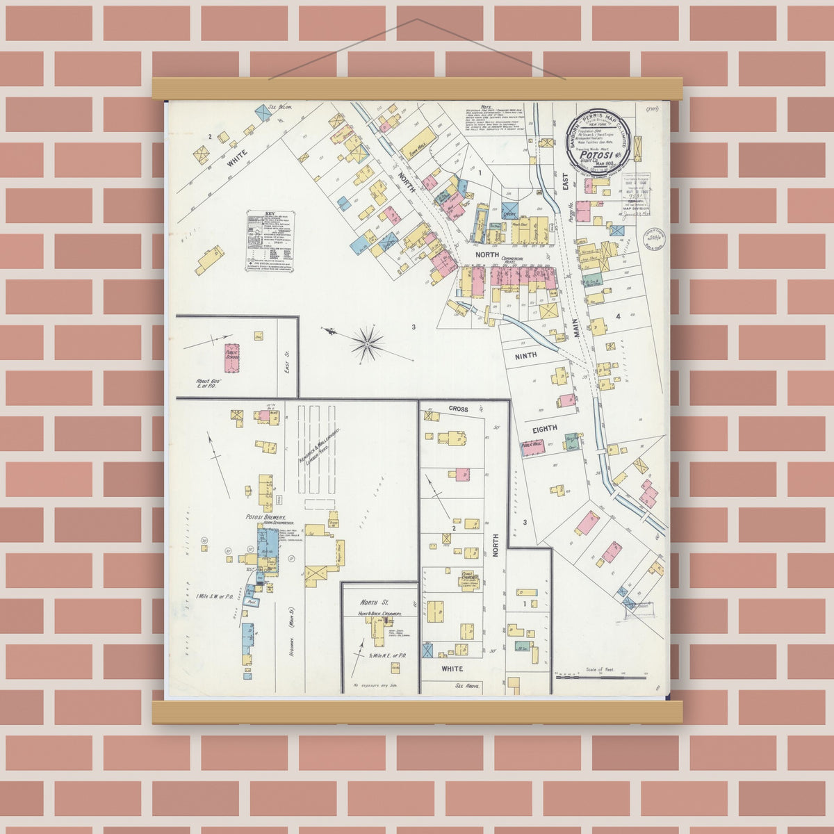 Old map wall art mockup — magnetic wood frame on brick wall — Sanborn Fire Insurance Map from Potosi, Grant County, Wisconsin (1900), Sheet #0001