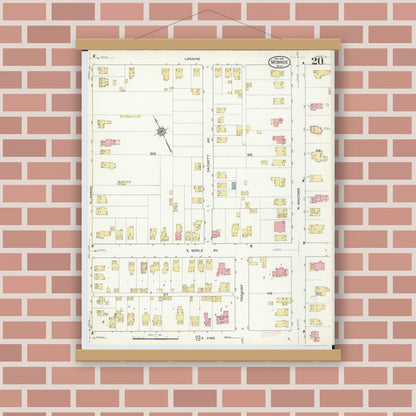 Old map wall art mockup — magnetic wood frame on brick wall — Sanborn Fire Insurance Map from Monroe, Monroe County, Michigan (1916), Sheet #0020