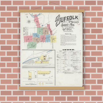 Old map wall art mockup — magnetic wood frame on brick wall — Sanborn Fire Insurance Map from Suffolk, Independent Cities, Virginia (1894), Sheet #0001