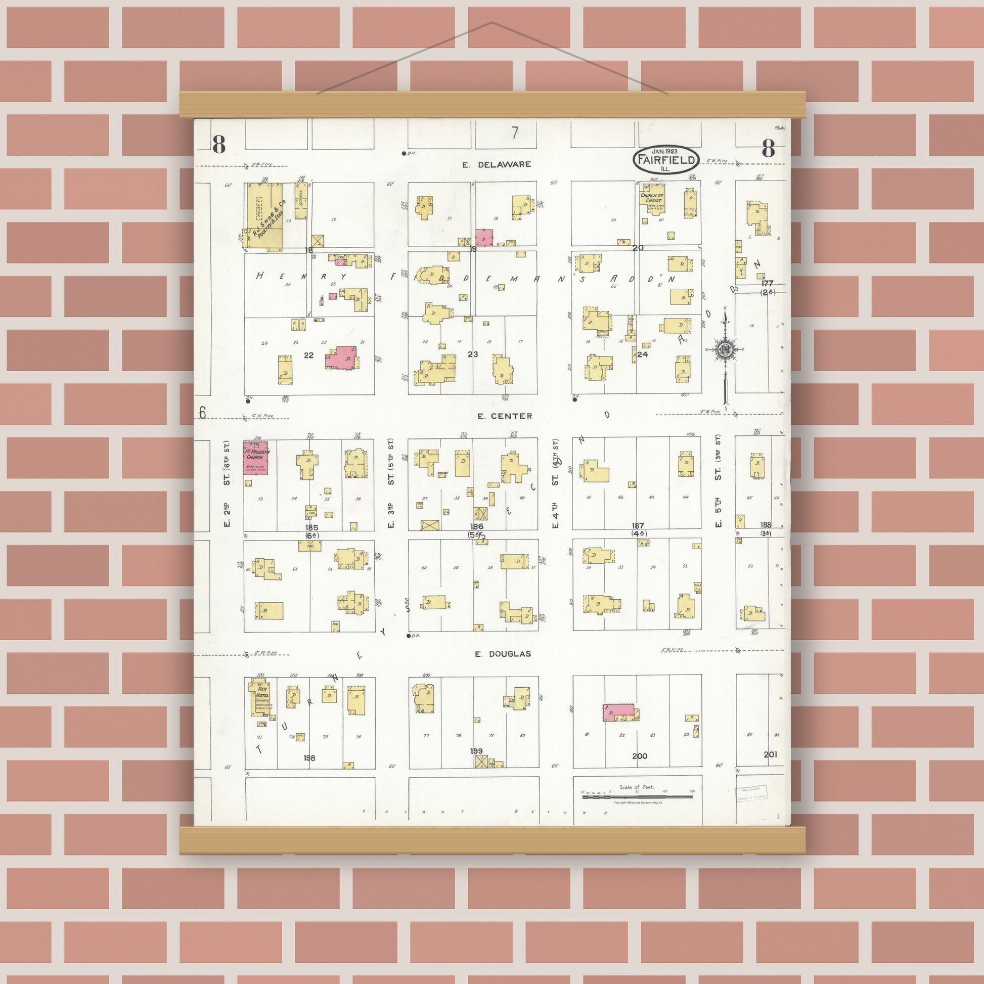 Old map wall art mockup — magnetic wood frame on brick wall — Sanborn Fire Insurance Map from Fairfield, Wayne County, Illinois (1923), Sheet #0008