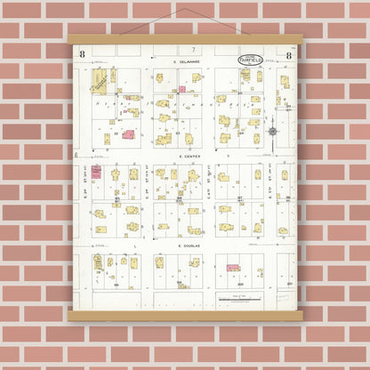 Old map wall art mockup — magnetic wood frame on brick wall — Sanborn Fire Insurance Map from Fairfield, Wayne County, Illinois (1923), Sheet #0008