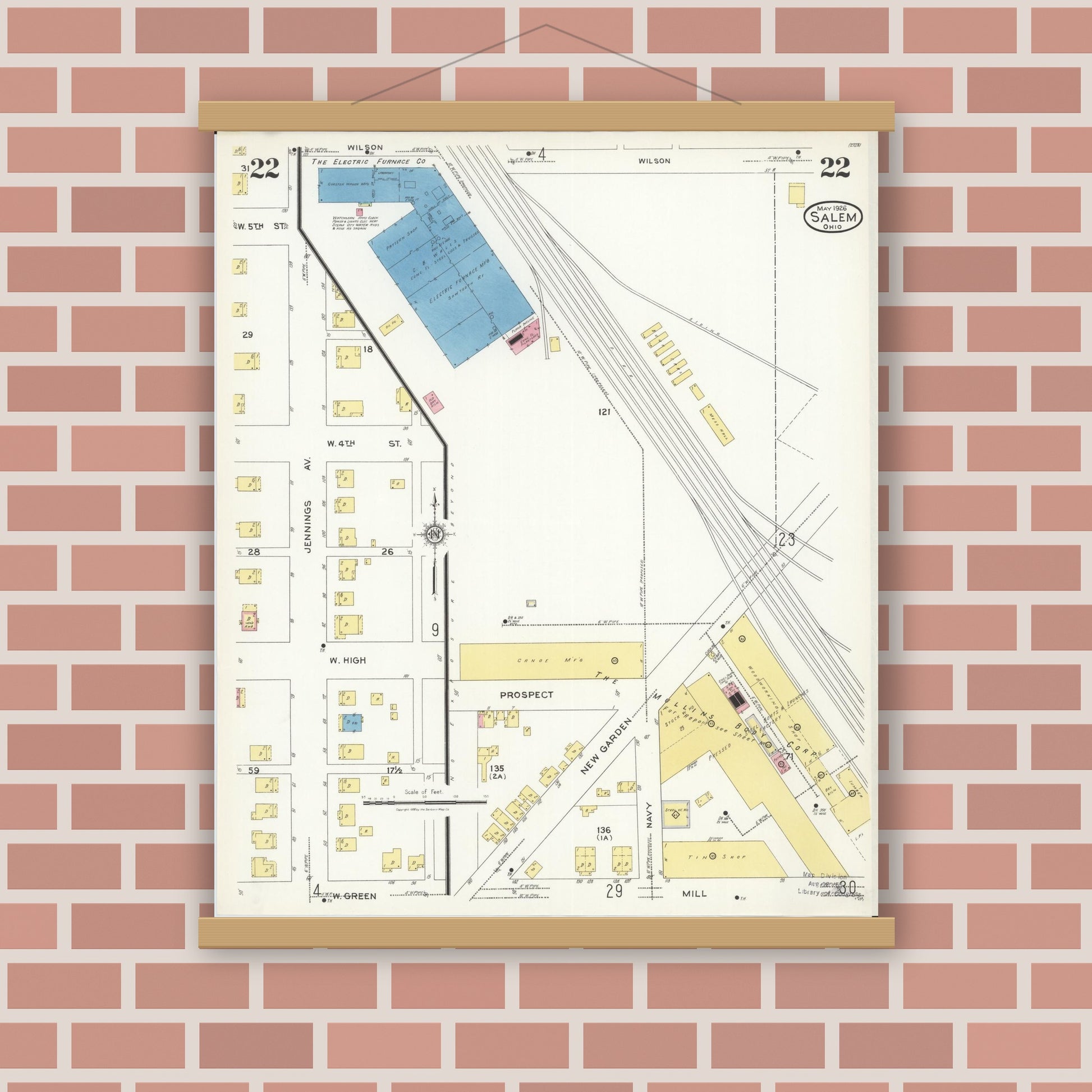 Old map wall art mockup — magnetic wood frame on brick wall — Sanborn Fire Insurance Map from Salem, Columbiana County, Ohio (1926), Sheet #0022